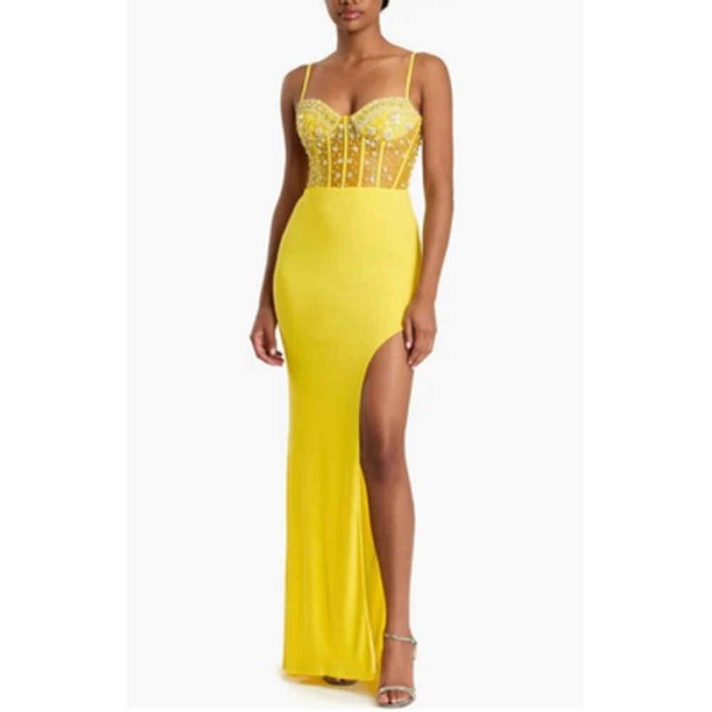 Mac Duggal Gown Womens XS Yellow Beaded‎ Corset Mesh Bodice High Slit Prom 44029